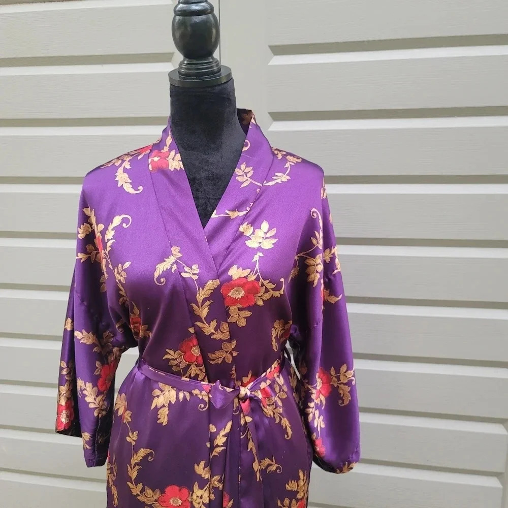 VTG California Dynasty Floral Paisley Purple Red Robe Satin Kimono Sz M Medium - Picture 2 of 10
